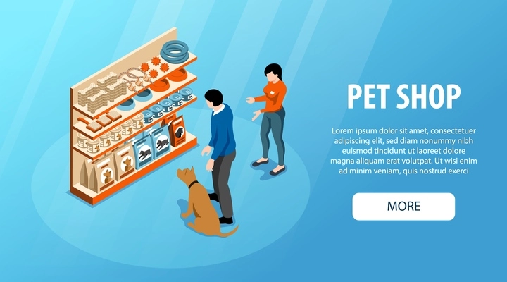 Isometric pet shop scene with dog owners in interior vector illustration