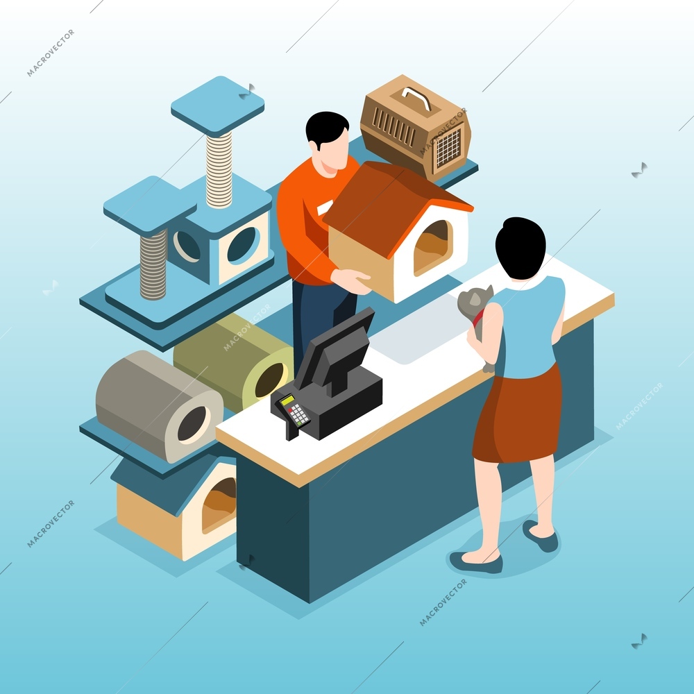 Isometric pet shop scene with woman purchasing cat home vector illustration