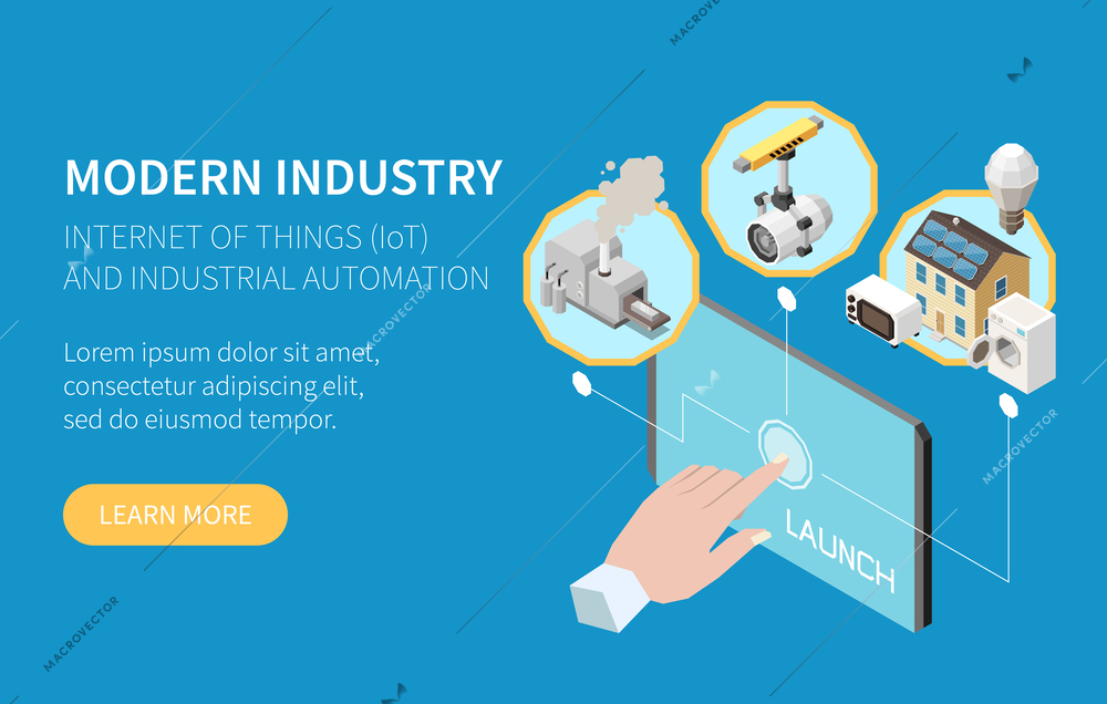Modern industry internet of things isometric banner with human hand controlling various equipment remotely vector illustration