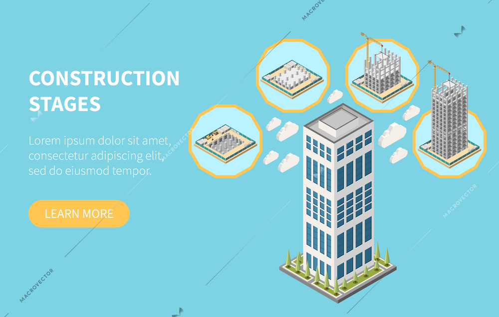 Skyscraper construction stages from foundation pouring to building framework completion isometric web page banner vector illustration