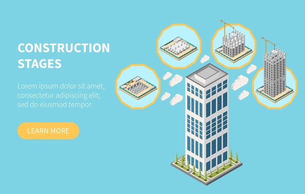 Skyscraper construction stages from foundation pouring to building framework completion isometric web page banner vector illustration