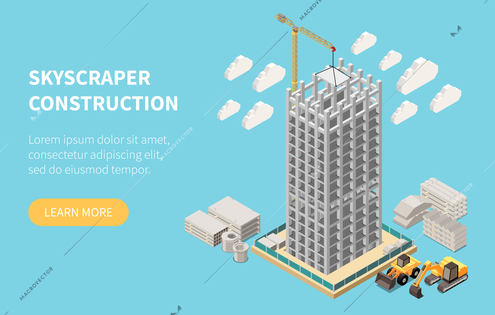 Isometric skyscraper construction banner with unfinished building crane excavator materials on blue background 3d vector illustration