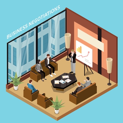 People holding business negotiations analysing charts and digrams in meeting room isometric vector illustration