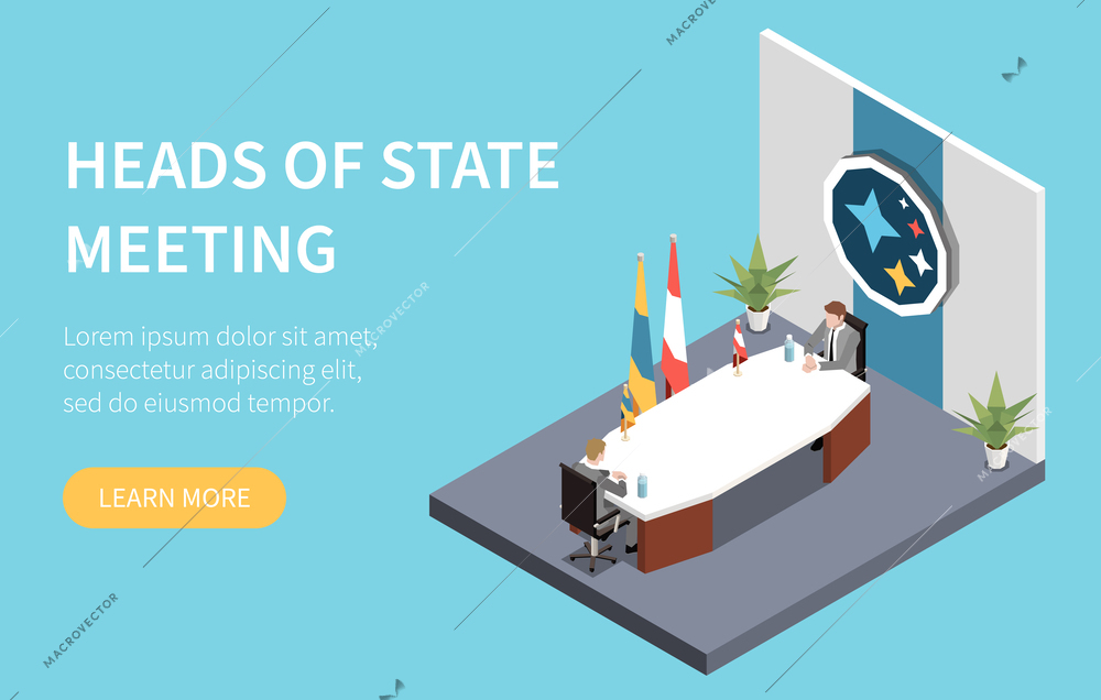 Heads of state meeting isometric web banner template with politicians having discussion at table vector illustration