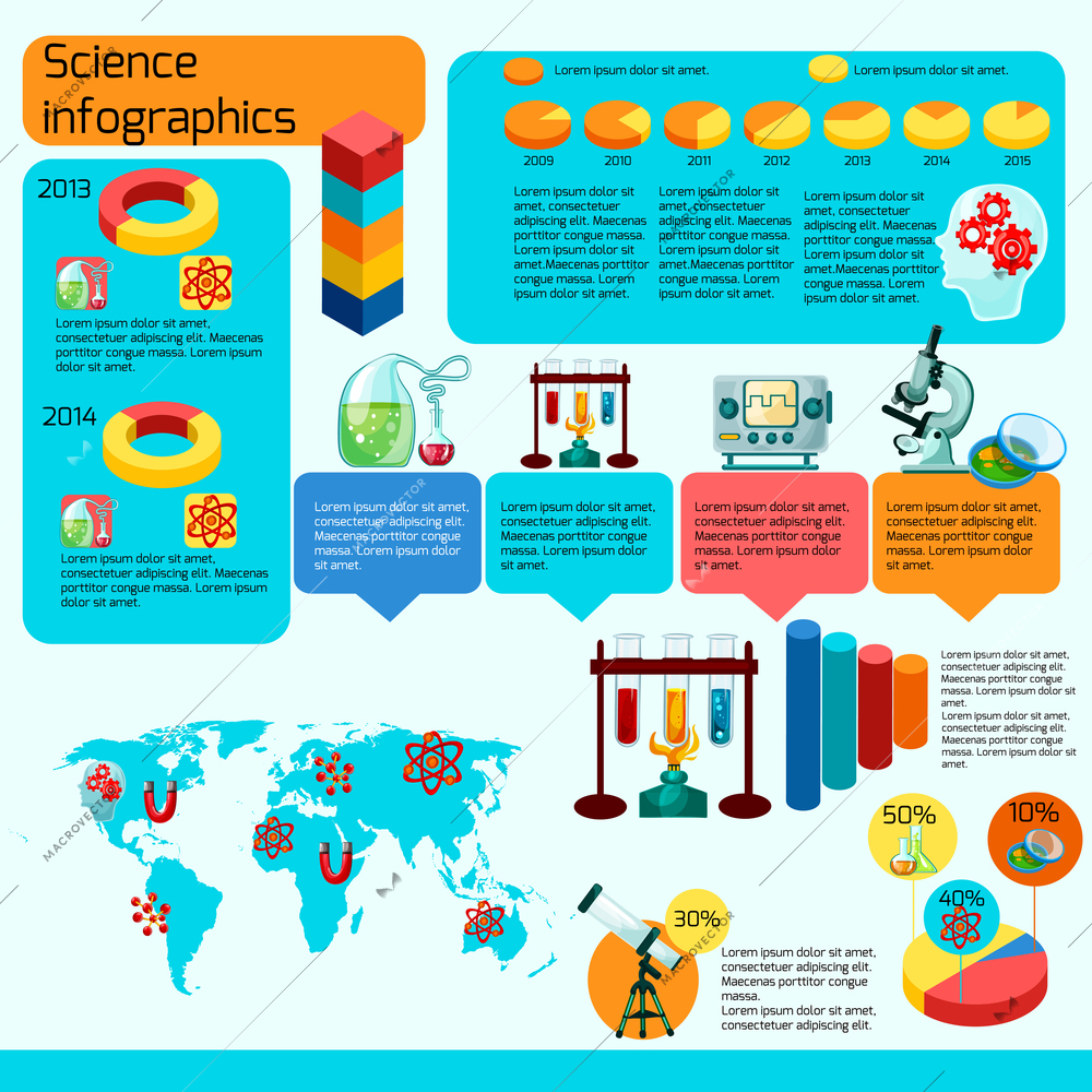 Science infographics set with laboratory research symbols and charts vector illustration