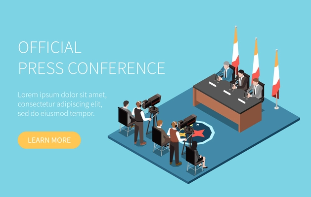 Journalists shooting politicians during official press conference isometric website banner with button vector illustration