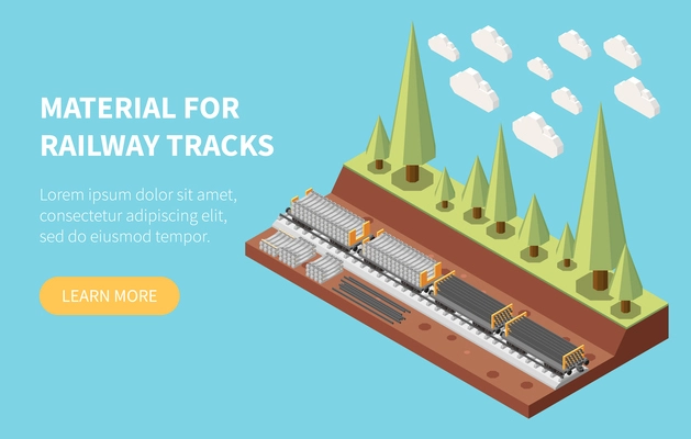 Railroad building and track laying isometric web banner with ready materials vector illustration