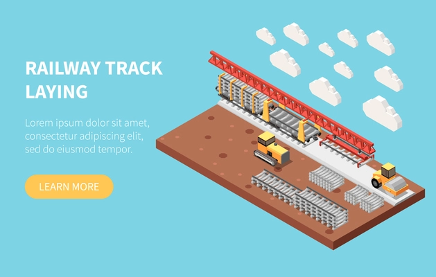 Railroad building and railway track laying process isometric blue background website banner with learn more button vector illustration