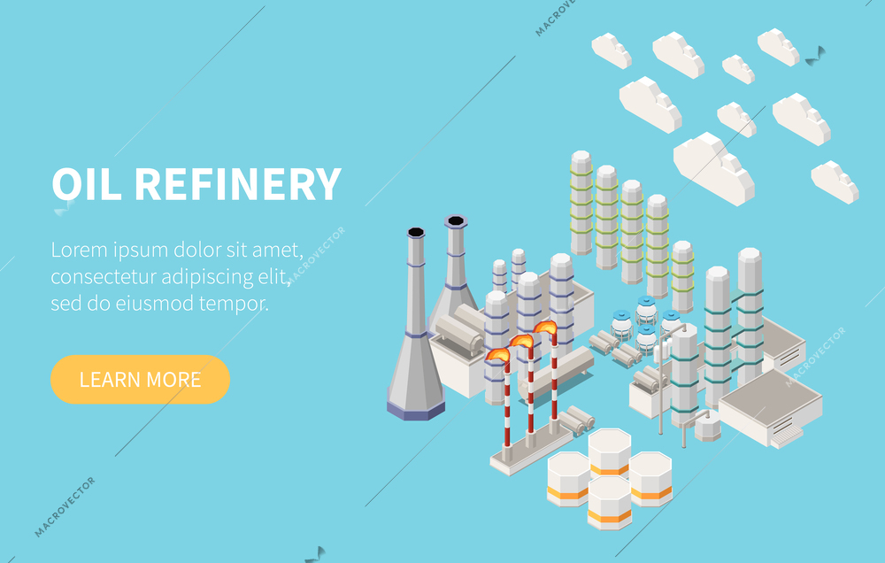 Oil refinery isometric horizontal website banner with 3d plant building on light blue background vector illustration