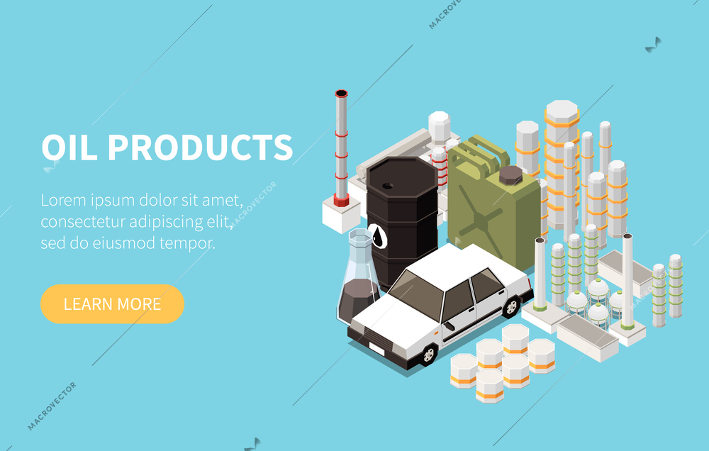 Oil refinery web banner with plant building and products petrol can car 3d isometric vector illustration