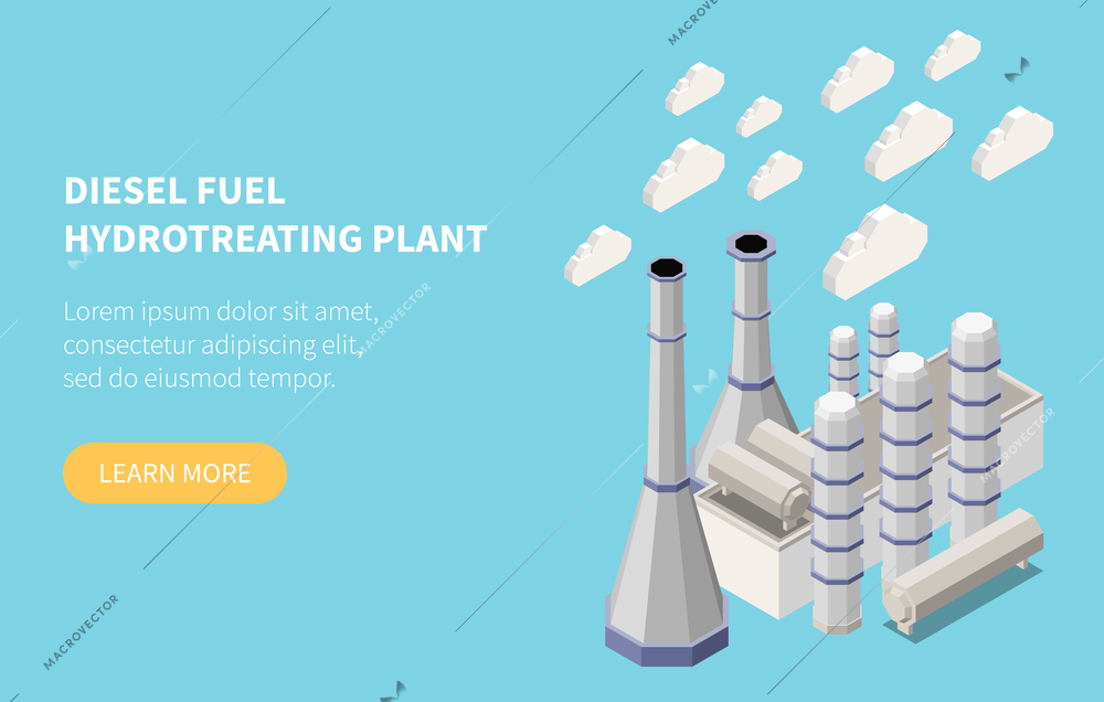 Oil refinery isometric horizontal web banner with diesel fuel hydrotreating plant building 3d vector illustration