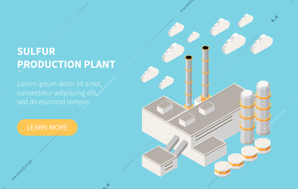 Oil refinery horizontal banner with 3d sulfur production plant on light blue background isometric vector illustration