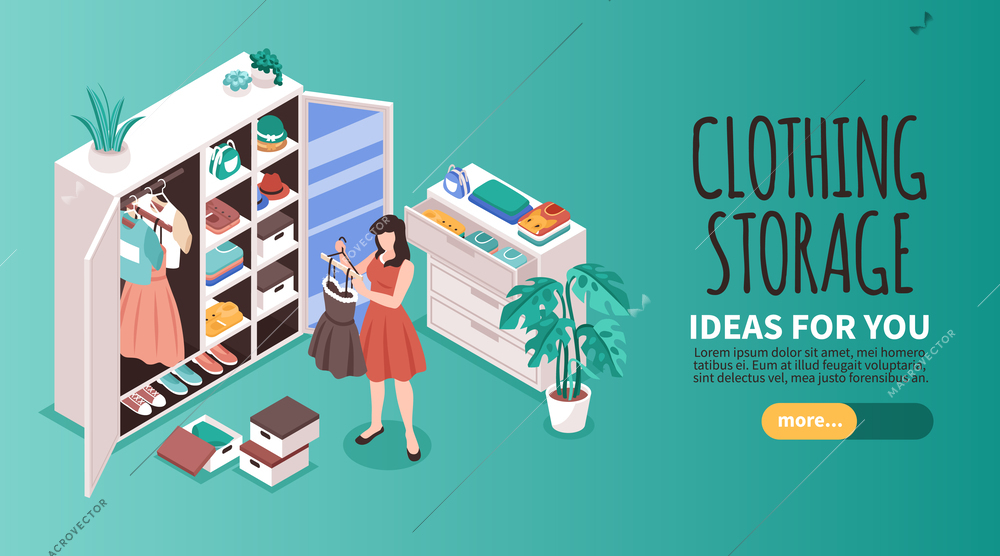 Clothes storage isometric horizontal website banner with more button and woman organizing clothing in her wardrobe vector illustration