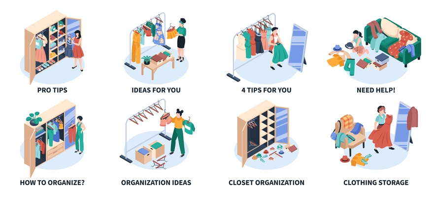 Organization and decluttering isometric set with women arranging their wardrobe isolated vector illustration