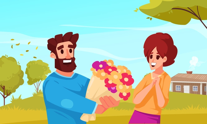 Love story cartoon background with happy man holding bouquet of colorful flowers and beautiful woman having dating flat vector illustration