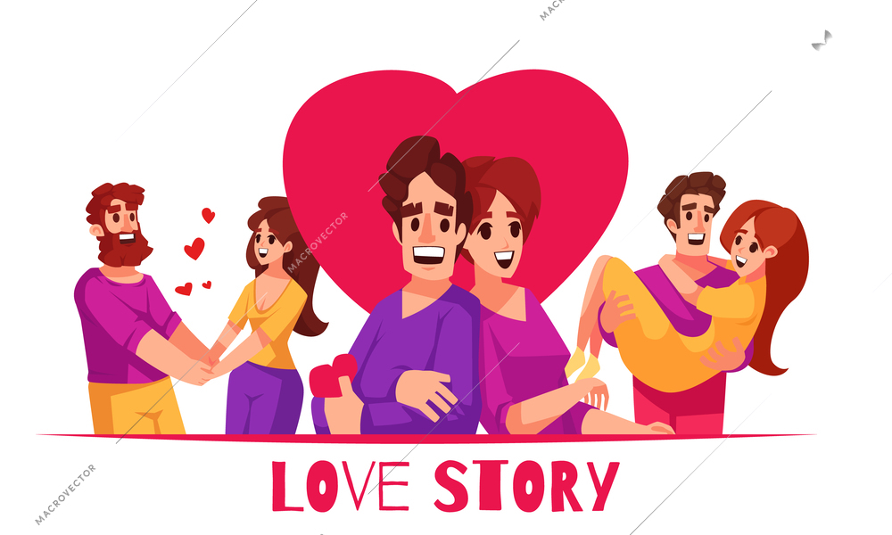 Love story flat design concept with three happy cartoon couples at big red heart background vector illustration