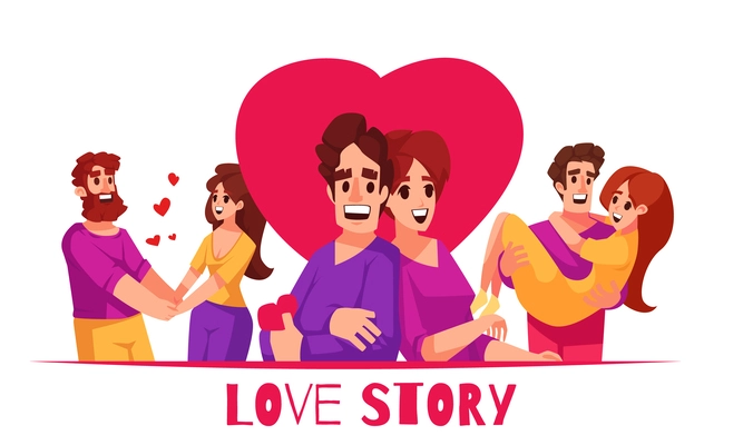 Love story flat design concept with three happy cartoon couples at big red heart background vector illustration