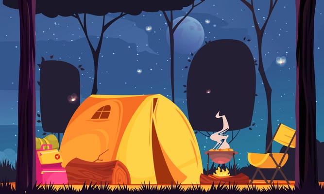 Overnight in nature flat background with camp tent trekking gear and food on bonfire vector illustration