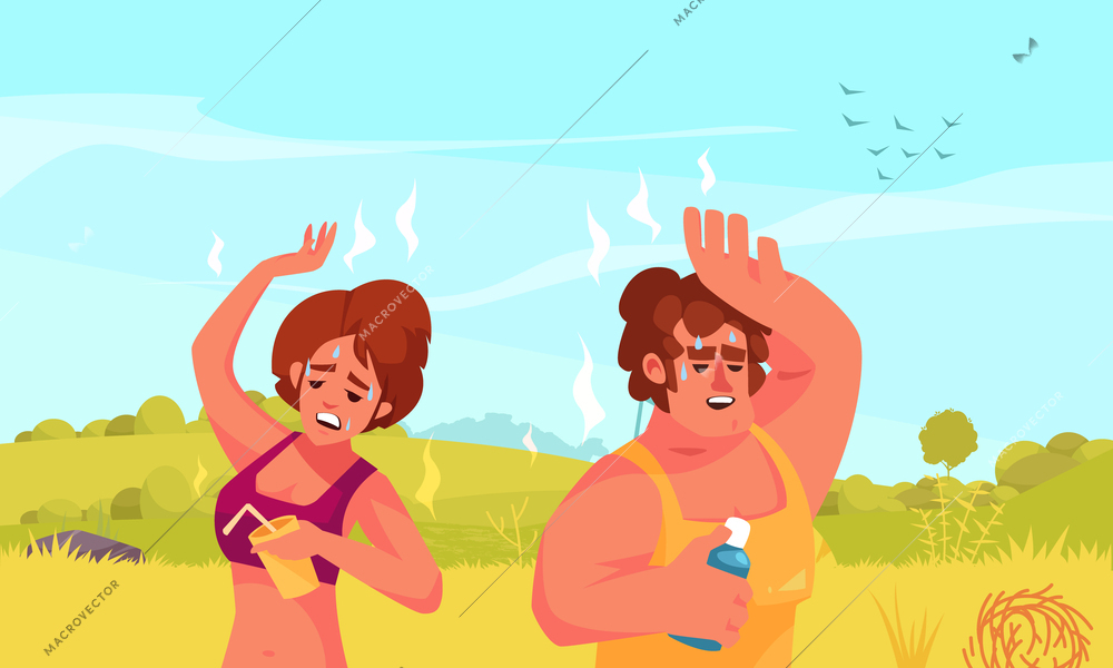 Summer vacation cartoon background with two women in swimsuits suffering from hot weather flat vector illustration