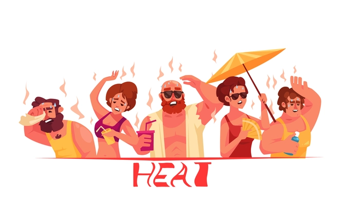 Heat cartoon composition with people suffer from high air temperature in summer season vector illustration