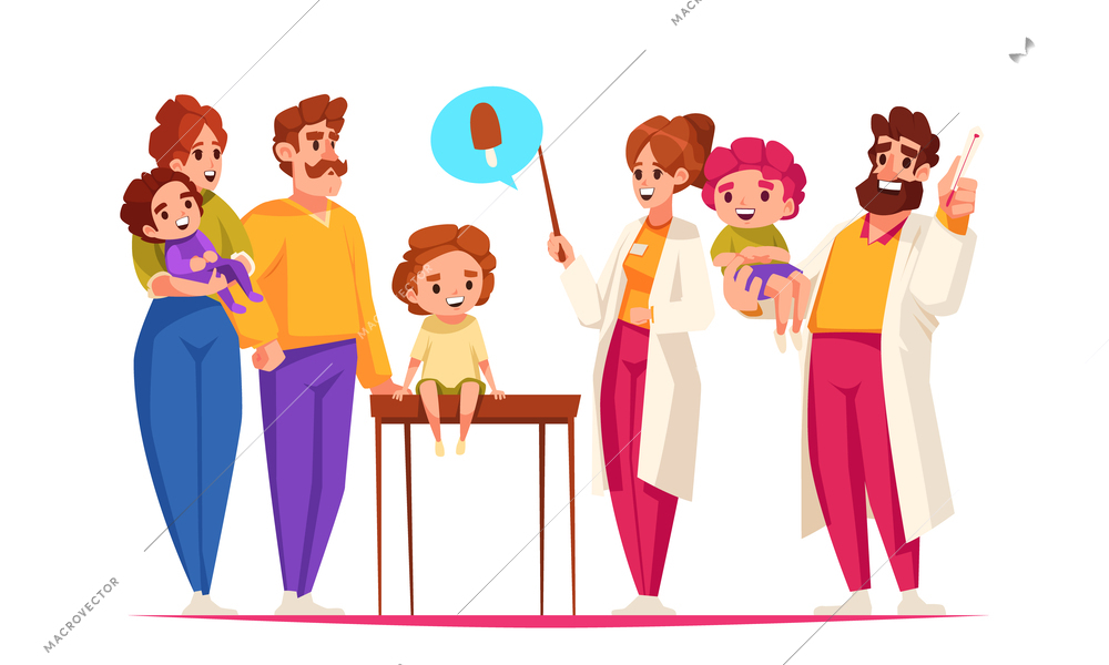 Pediatrician cartoon composition with parents kids and physicians in white scrubs at white background flat vector illustration