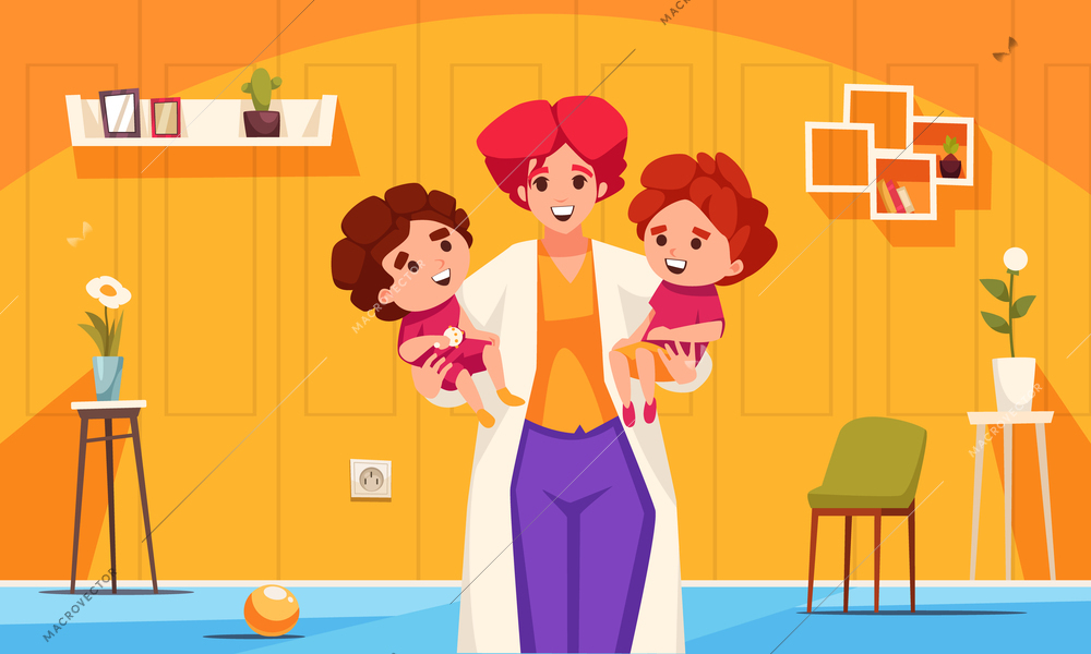 Kids healthcare concept with female pediatrician holding two little children in hands cartoon vector illustration