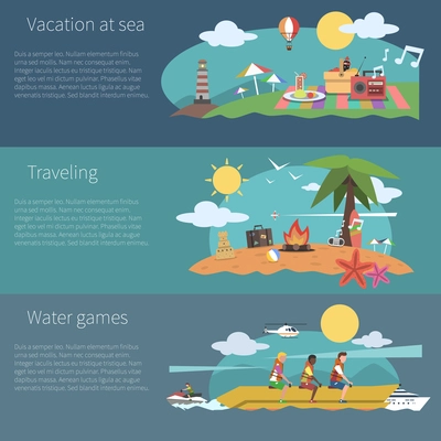 Summer horizontal banner set with vacation at sea traveling water games elements isolated vector illustration