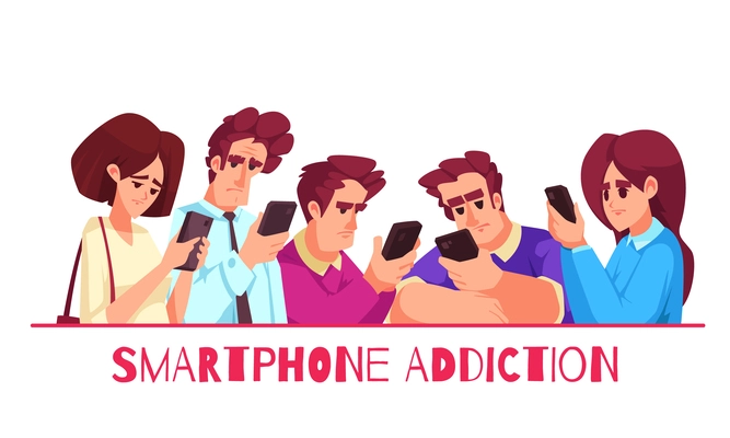 smartphone addiction cartoon composition with adult people playing on phones reading news or chatting flat vector illustration