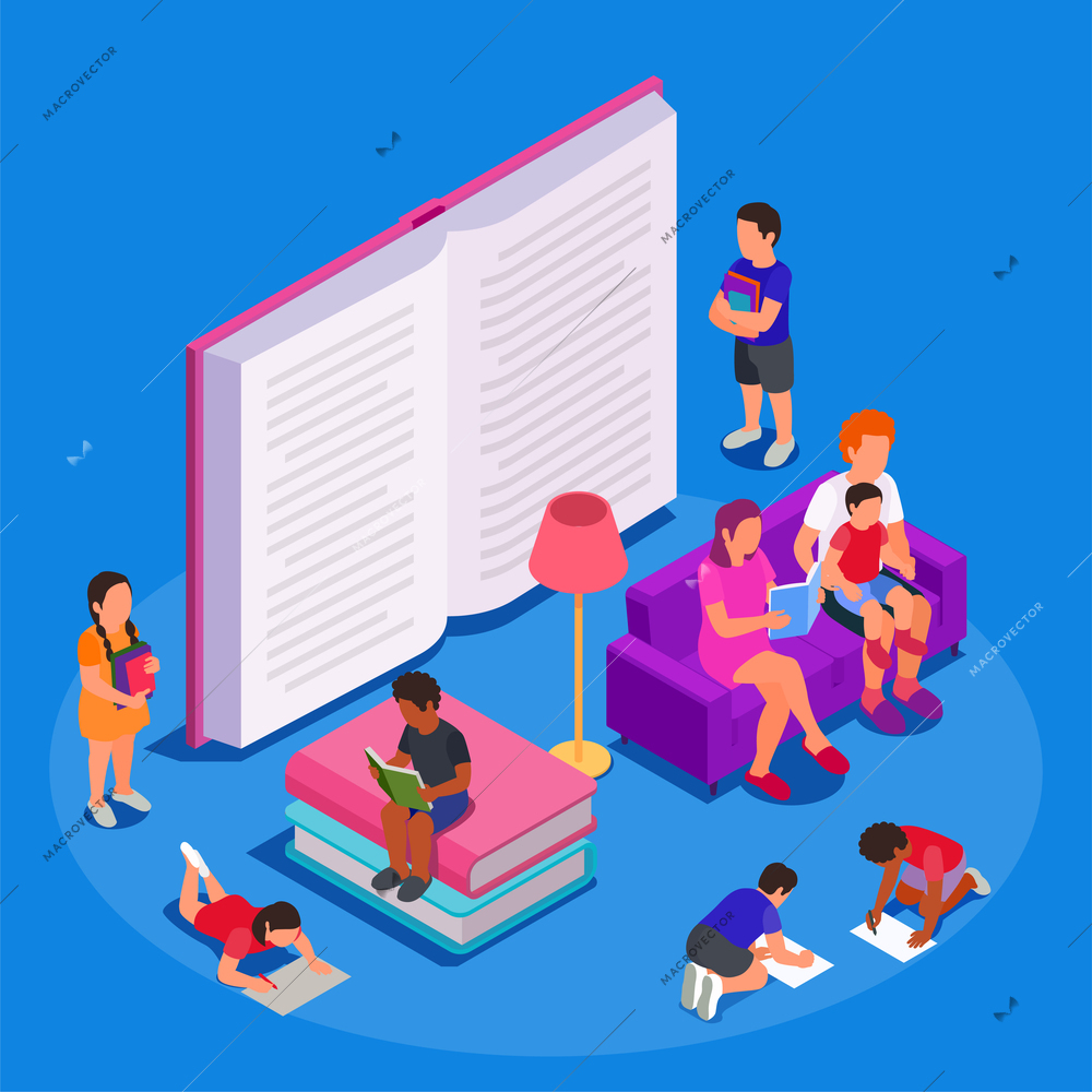 Children reading learning drawing isometric colored concept a large open abstract book stands next to reading adults and children vector illustration