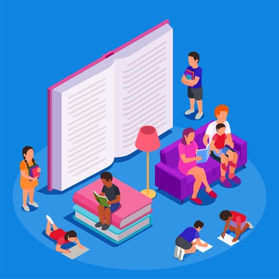 Children reading learning drawing isometric colored concept a large open abstract book stands next to reading adults and children vector illustration