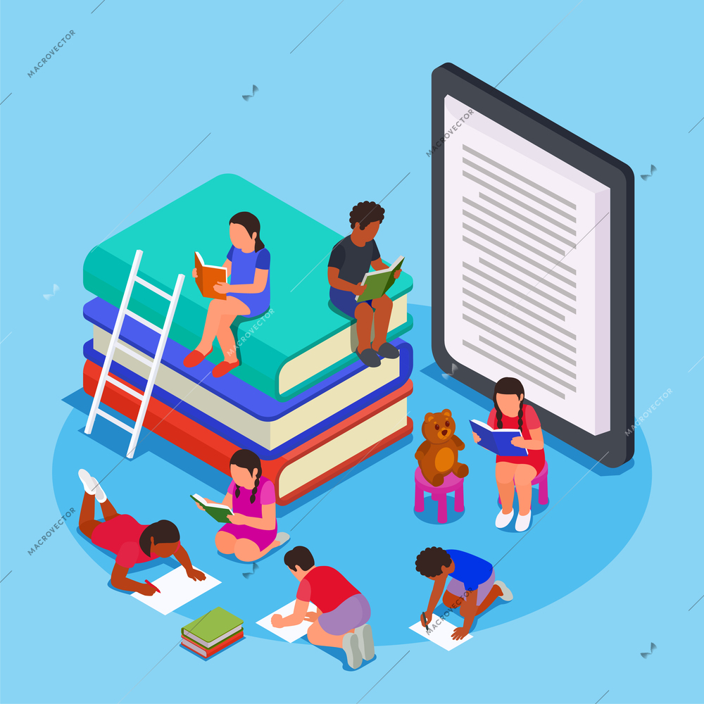 Colored children reading learning drawing isometric concept kids sit on an abstract stack of books and read vector illustration