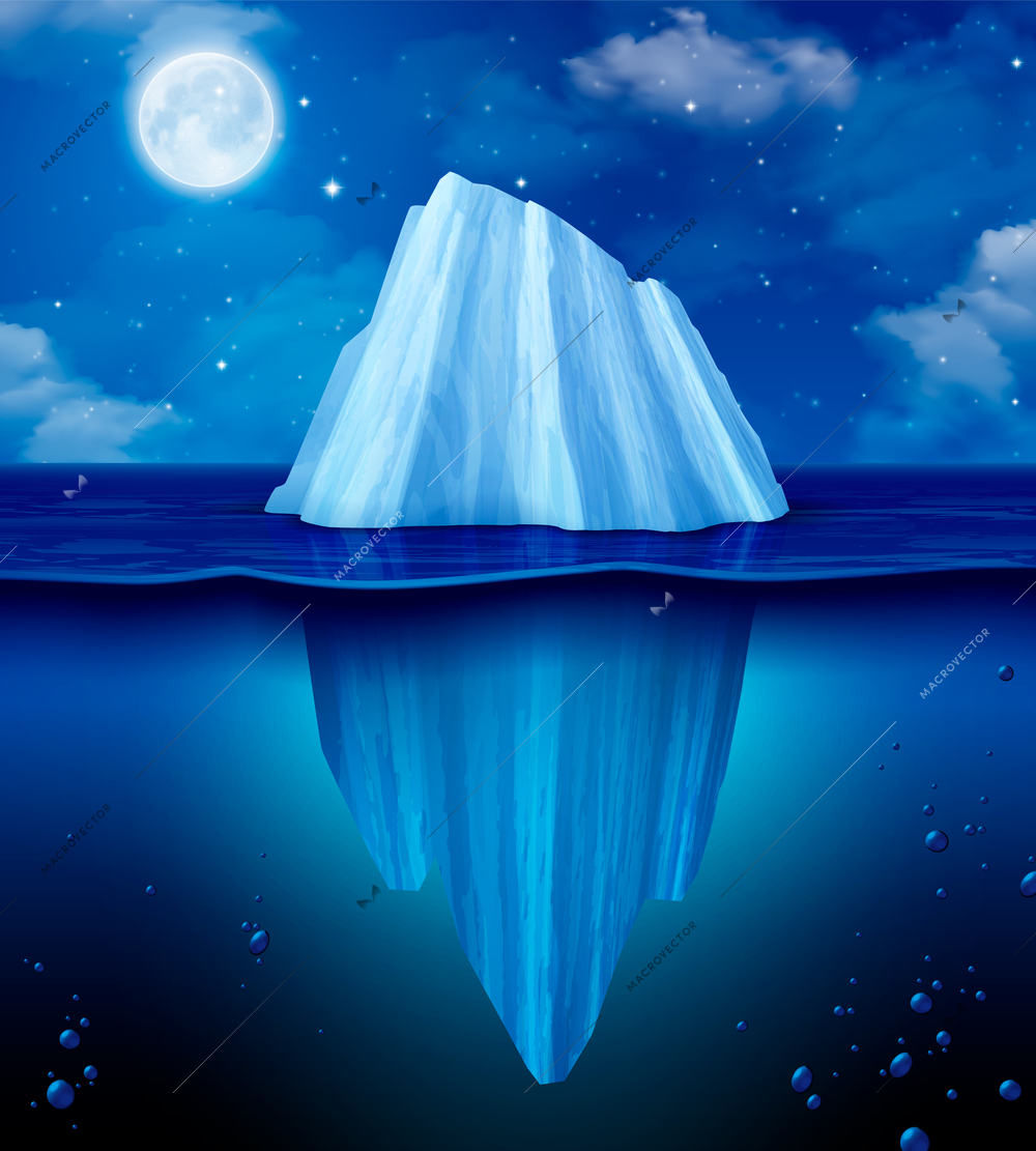 Iceberg realistic composition with glacier in cold sea night water landscape vector illustration