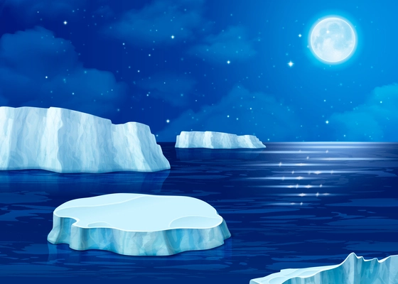 Iceberg realistic composition with glaciers in northern night landscape vector illustration