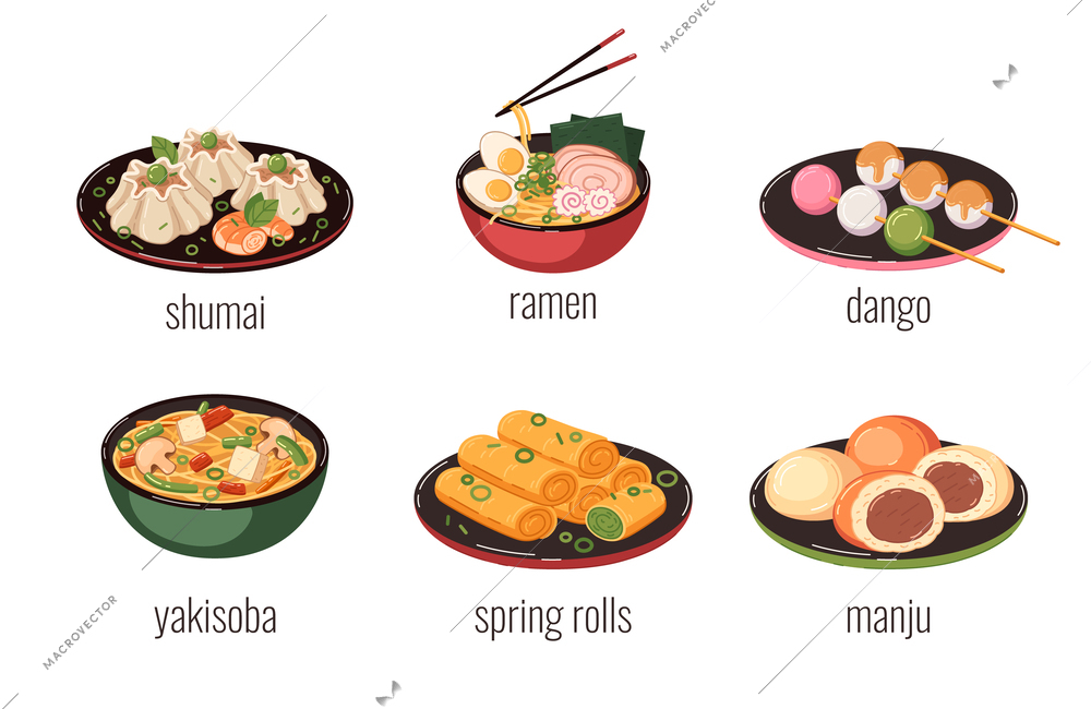 Asian food cartoon icons set with spring rolls and ramen soup isolated vector illustration