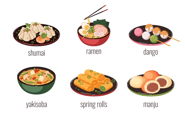 Asian food cartoon icons set with spring rolls and ramen soup isolated vector illustration