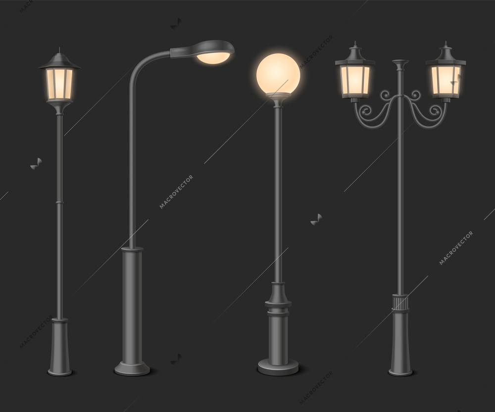 Street lamp realistic with antique lanterns on black background isolated vector illustration