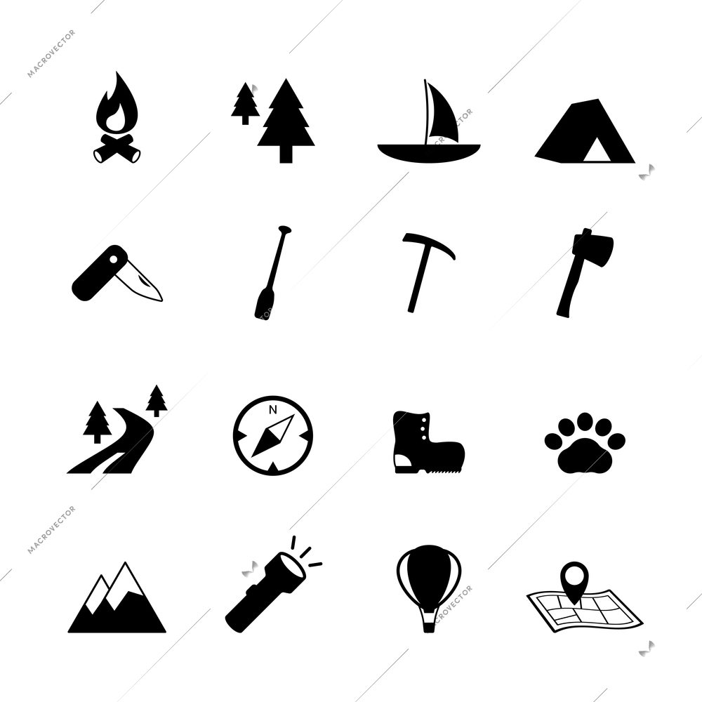 Outdoors tourism camping pictograms collection of compass tent flashlight and knife isolated vector illustration