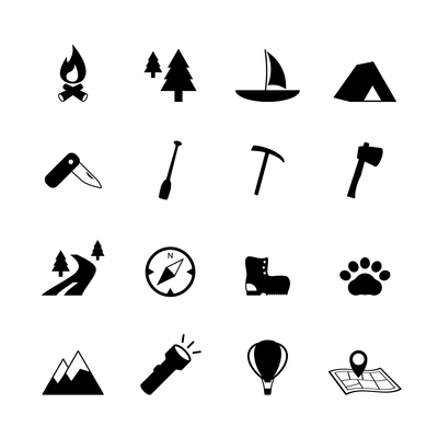 Outdoors tourism camping pictograms collection of compass tent flashlight and knife isolated vector illustration