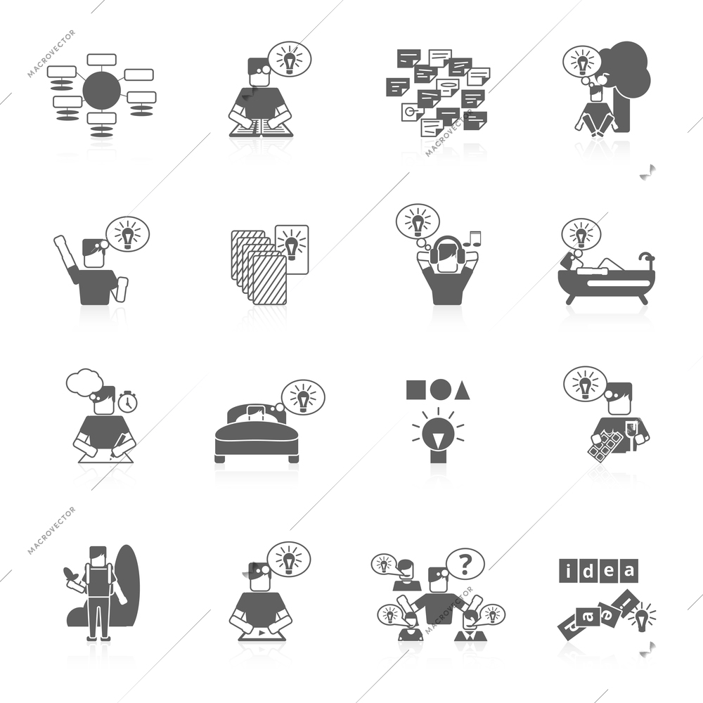 Ideas search creative thinking innovation strategy black icons set isolated vector illustration