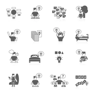 Ideas search creative thinking innovation strategy black icons set isolated vector illustration