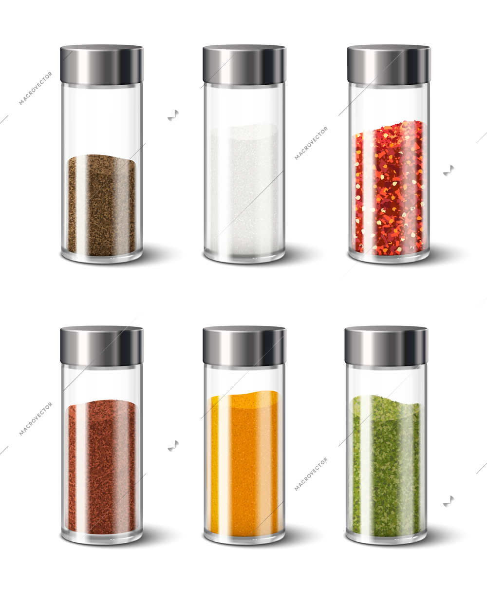 Kitchen spices realistic icons set with different seasoning dispensers isolated vector illustration