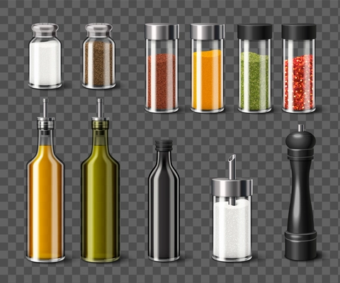 Kitchen spices realistic icons set with seasonings in dispensers isolated on transparent background vector illustration