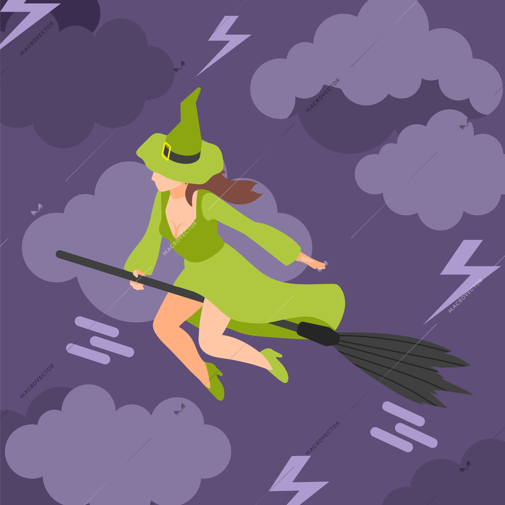 Fairy tale creatures isometric background with young witch in green clothes fly on broom in night sky vector illustration