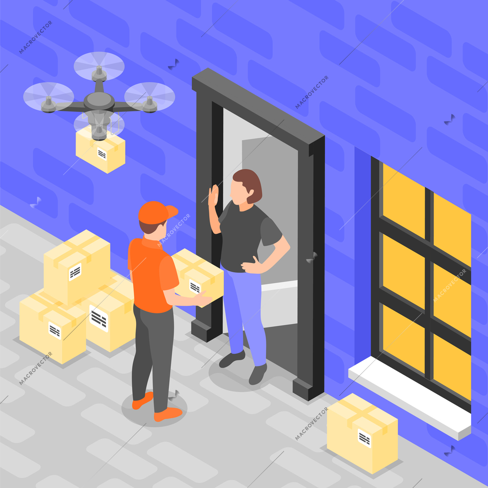 Online delivery service isometric background with women receive package by courier in front of home vector illustration