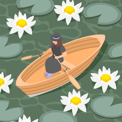 Canoeing isometric composition with woman riding paddle boat over the lake vector illustration