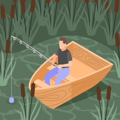 Canoeing isometric composition with man fishing from paddle boat vector illustration