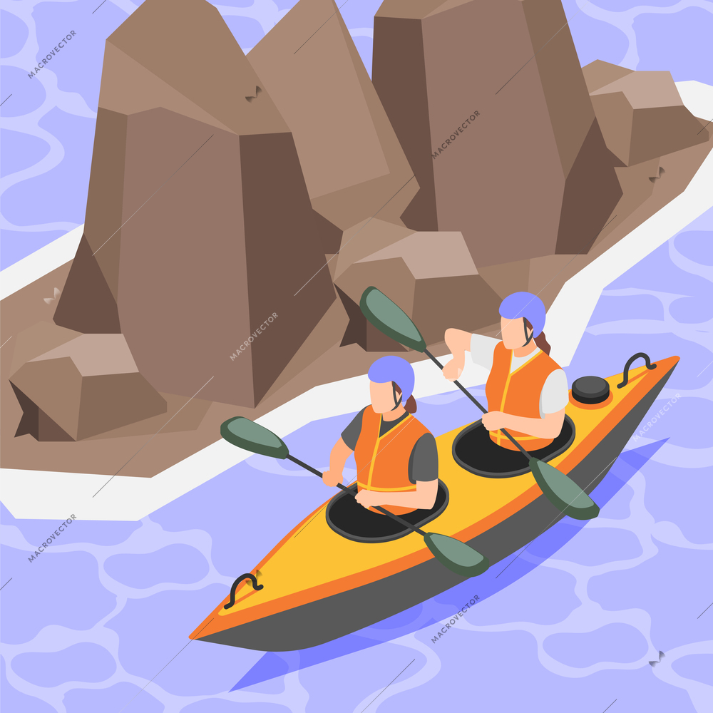 Rafting isometric composition with man and woman riding canoe vector illustration