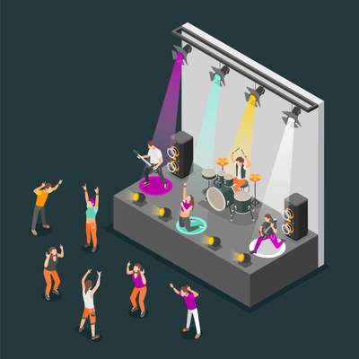 Rock music isometric composition with band on stage vector illustration