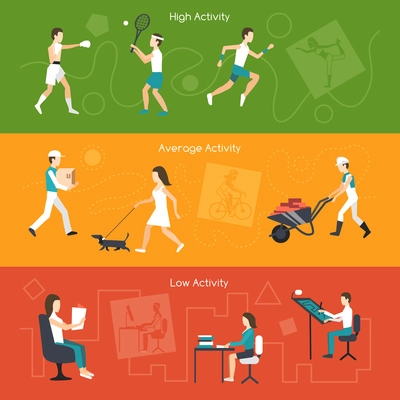 Physical activity horizontal banners set with high average and low elements isolated vector illustration