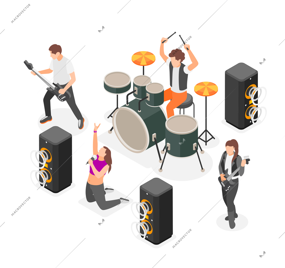 Rock music isometric composition with people and instruments vector illustration